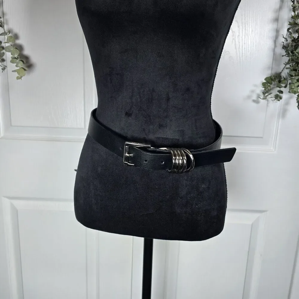 Michael Kors Genuine Leather Belt Black Silver Buckle 5 Metal Rings Small